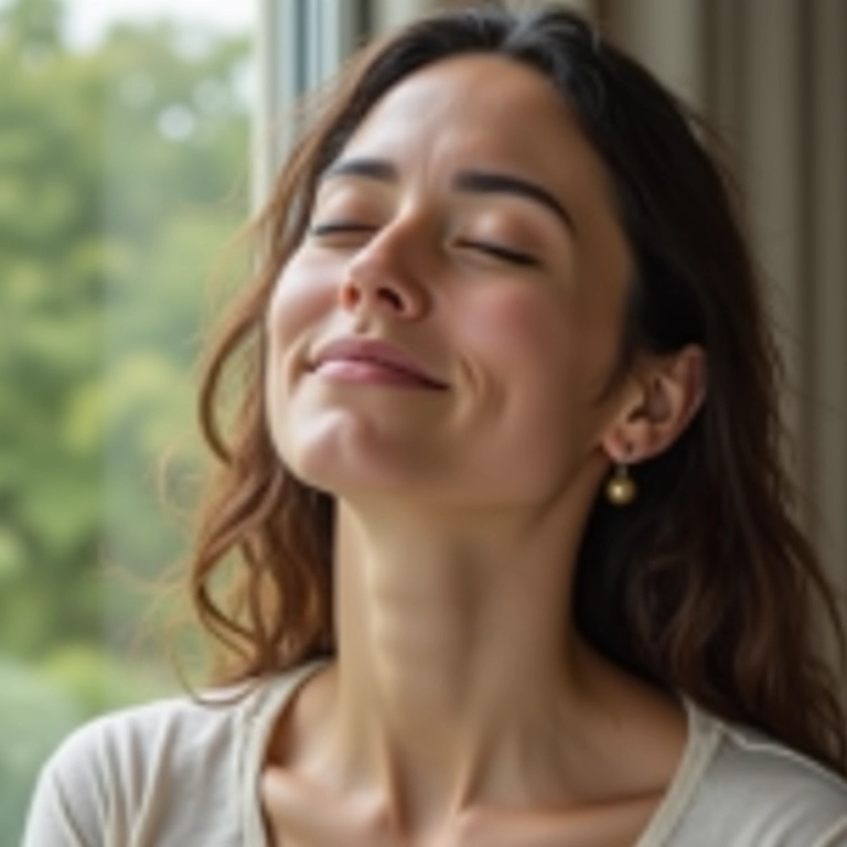 Mulher relaxando com meditação guiada.