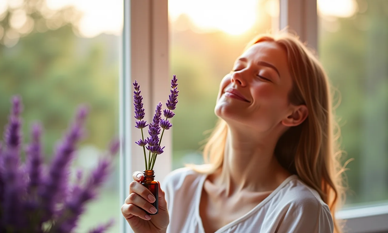 Mulher relaxando com óleo essencial de lavanda em um ambiente acolhedor.