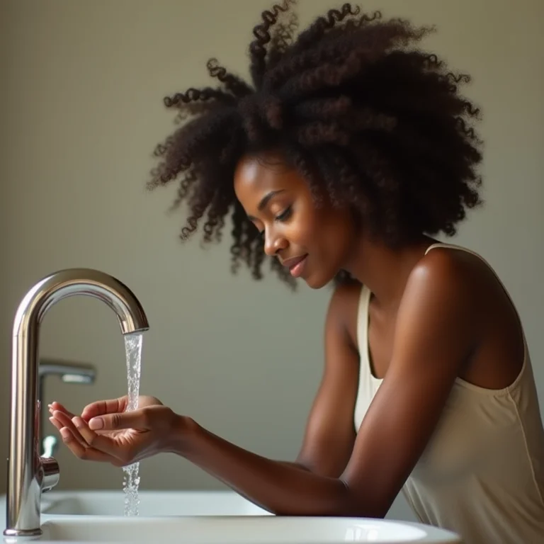 Mulher relaxando com torneira cascata