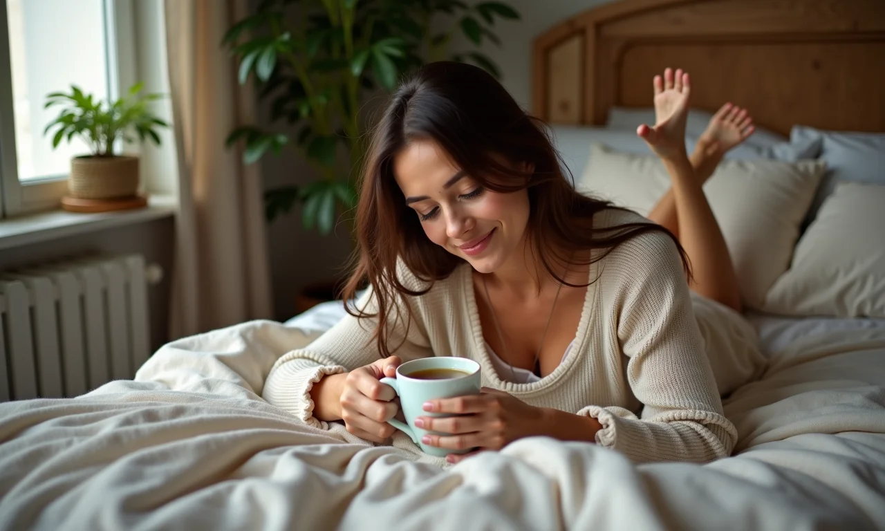 Mulher relaxando com uma xícara de chá de camomila em um quarto aconchegante.