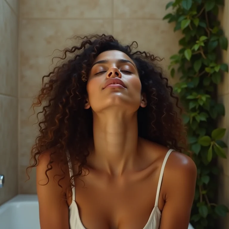 Mulher relaxando em banheiro com jardim vertical