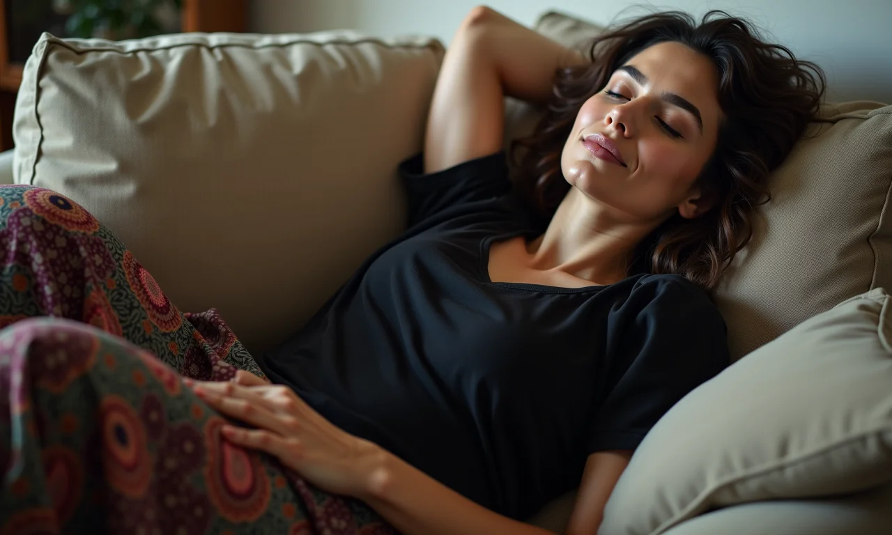 Mulher relaxando em casa com roupas escuras e confortáveis durante a menstruação.