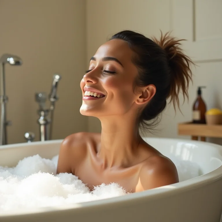 Mulher relaxando em um banho, tempo para si mesma