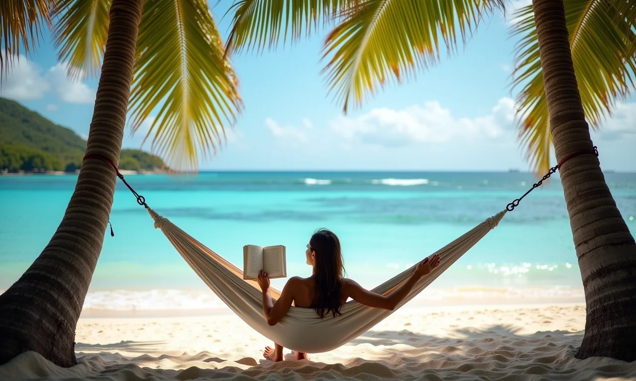Mulher relaxando em uma rede na praia, desconectada e aproveitando a natureza.