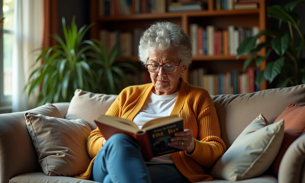 Mulher releendo 'Um Dia' em sala aconchegante com decoração brasileira.