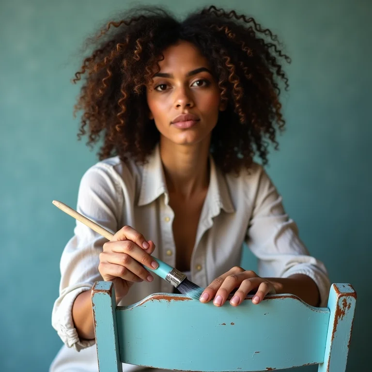 Mulher renovando cadeira antiga com tinta azul clara