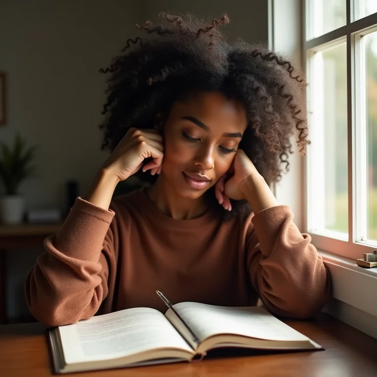 Mulher respondendo a perguntas estruturadas em um diário.