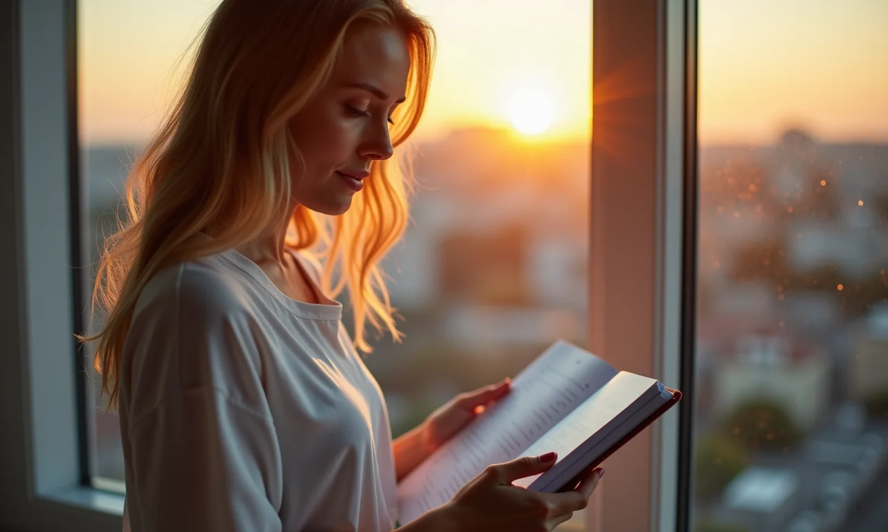 Mulher revisando seu planejador no final do dia.