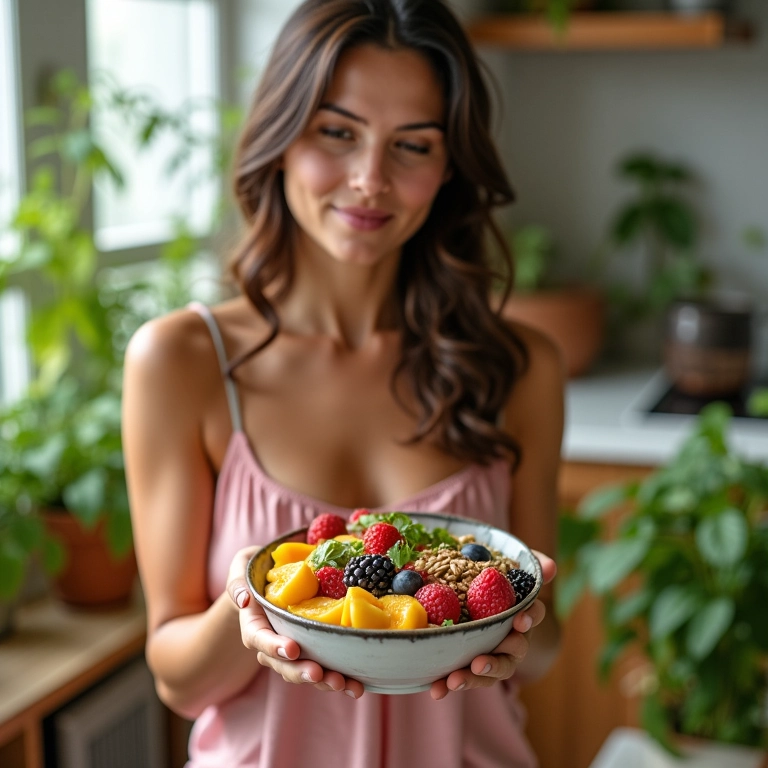 Mulher saboreando tigela de café da manhã saudável em cozinha brasileira vibrante e ensolarada.