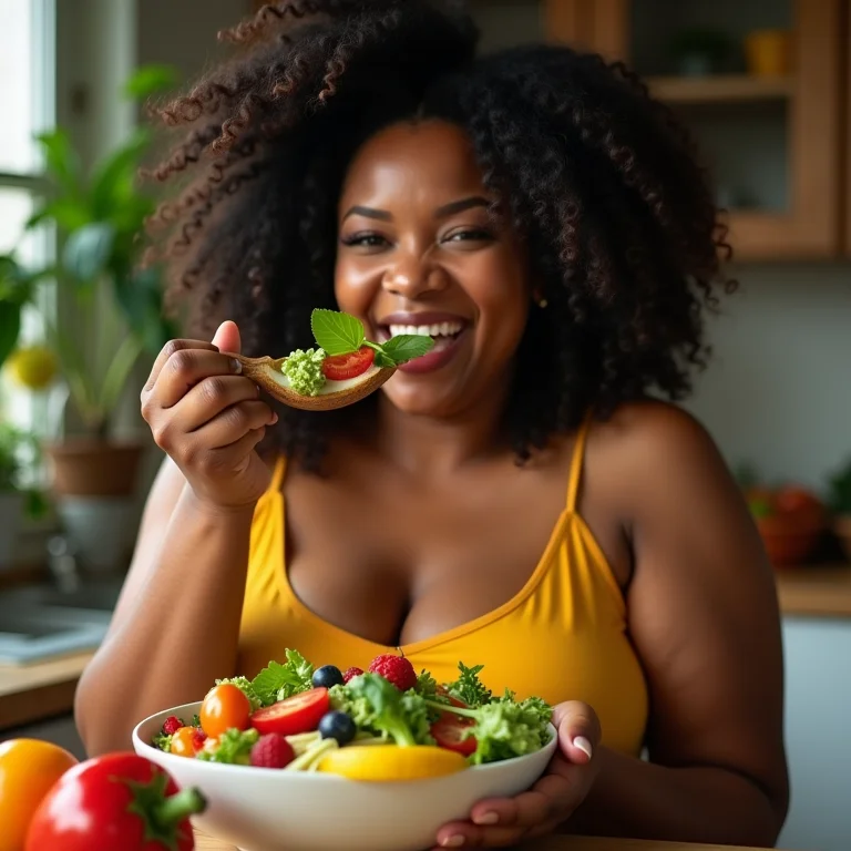 Mulher saboreando uma salada colorida, representando o consumo de frutas e verduras para fortalecer a imunidade.