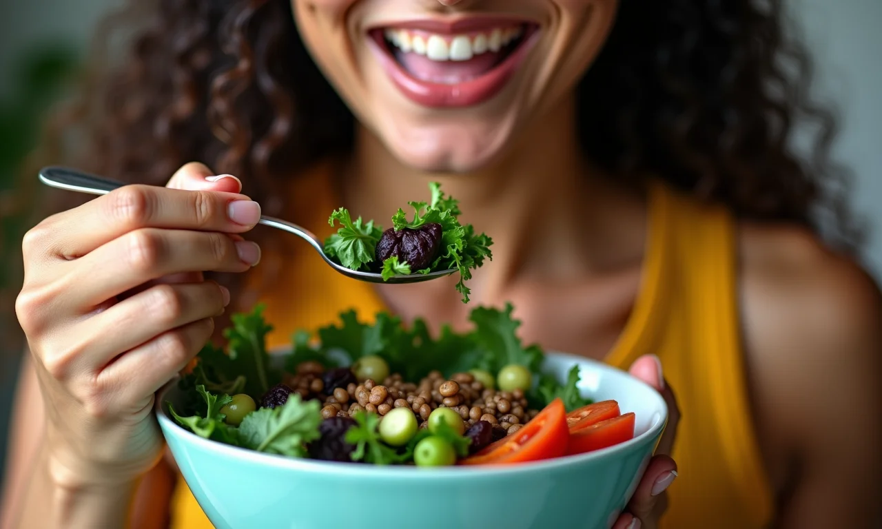 Mulher se alimentando com alimentos ricos em ferro durante a menstruação.