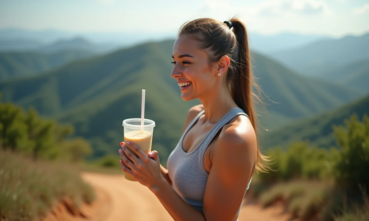 Mulher se sentindo energizada após o exercício, bebendo shake de proteína.