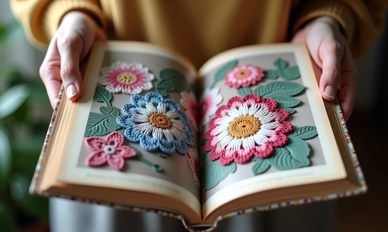 Mulher segura livro com gráficos de flores de crochê complexas.