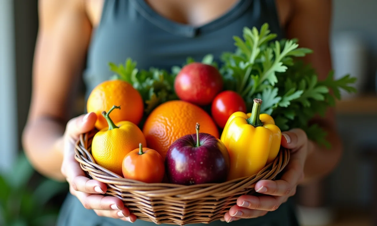 Mulher segurando cesta com frutas e legumes coloridos.