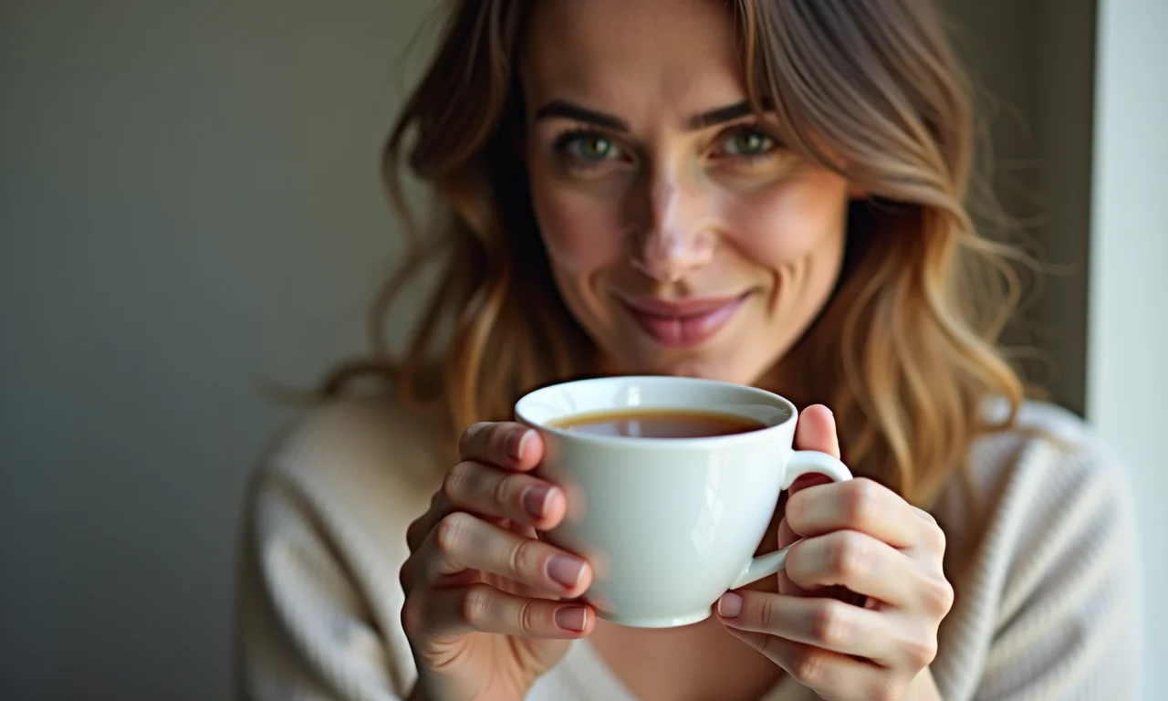 Mulher segurando chá de amora, pensando nos benefícios para emagrecer.