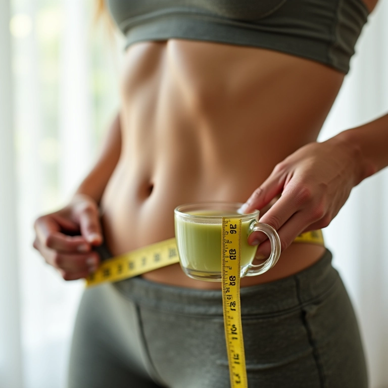 Mulher segurando fita métrica em volta da cintura, xícara de chá verde ao lado.
