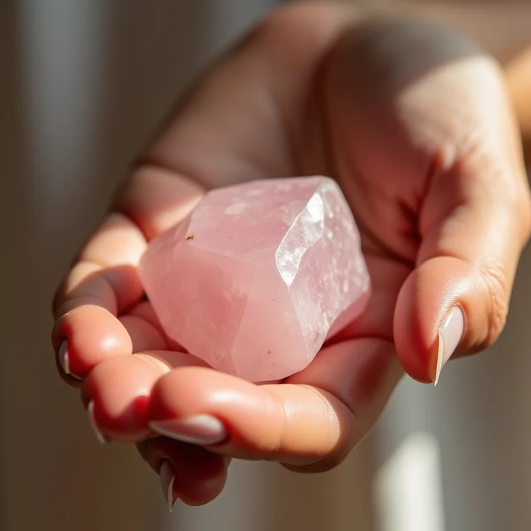 Mulher segurando quartzo rosa na mão