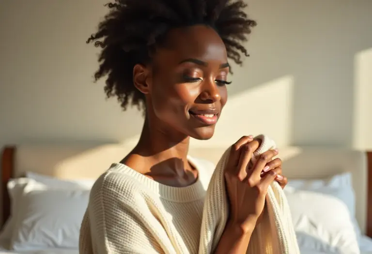 Mulher segurando suéter de lã lavado com cuidado