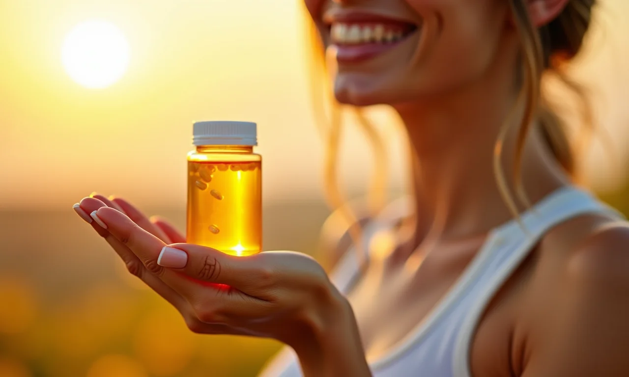 Mulher segurando um frasco de suplemento de vitamina D, com o sol ao fundo.