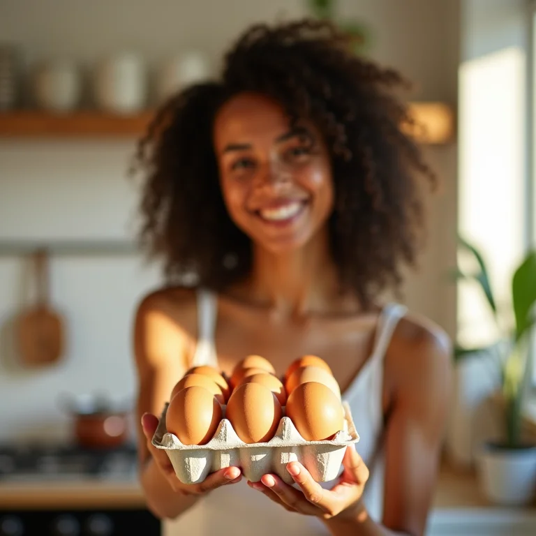 Mulher segurando uma embalagem de ovos frescos na cozinha