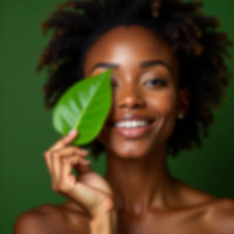 Mulher segurando uma folha verde perto do rosto, simbolizando a ação antioxidante