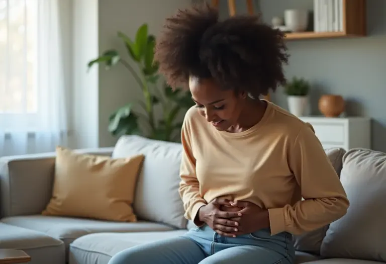 Mulher sentindo desconforto abdominal, possivelmente devido a intolerância alimentar