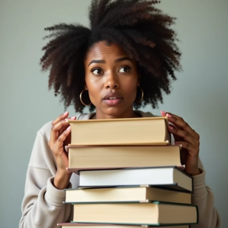 Mulher sobrecarregada por pilha de livros de desenvolvimento pessoal