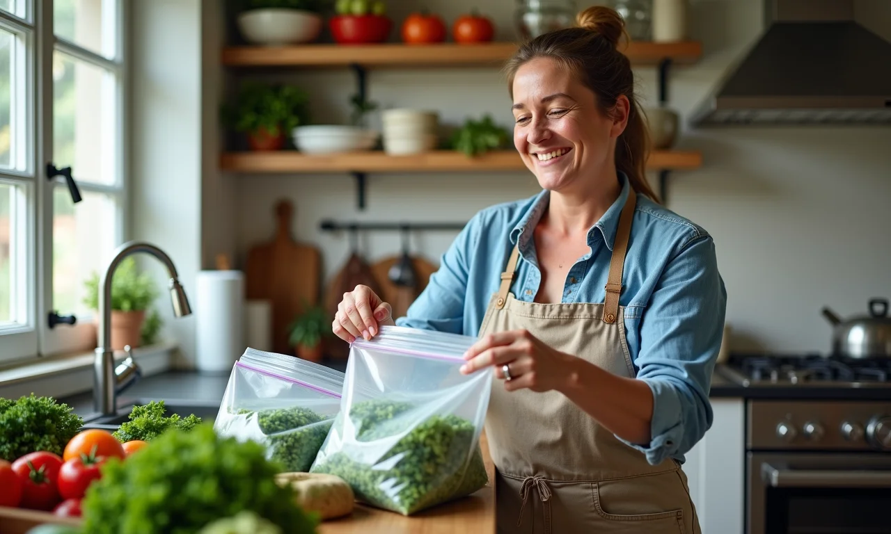 Mulher sorrindo ao guardar verduras congeladas no freezer.