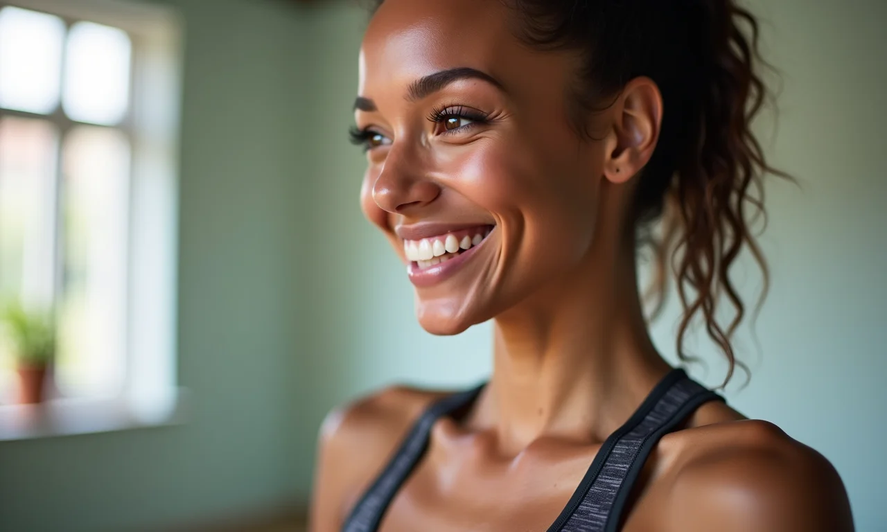 Mulher sorrindo após a Saudação ao Sol, pele saudável e radiante.