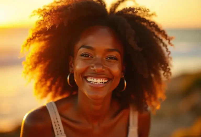 Mulher sorrindo após descolorir o cabelo em casa