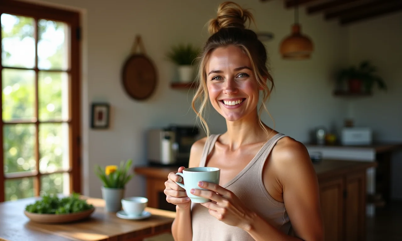 Mulher sorrindo bebendo chá de folha de amora em casa.