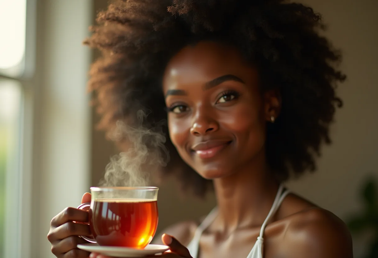 Unhas impecáveis: Descubra os chás secretos para o fortalecimento Mulher sorrindo bebendo chá para unhas fortes