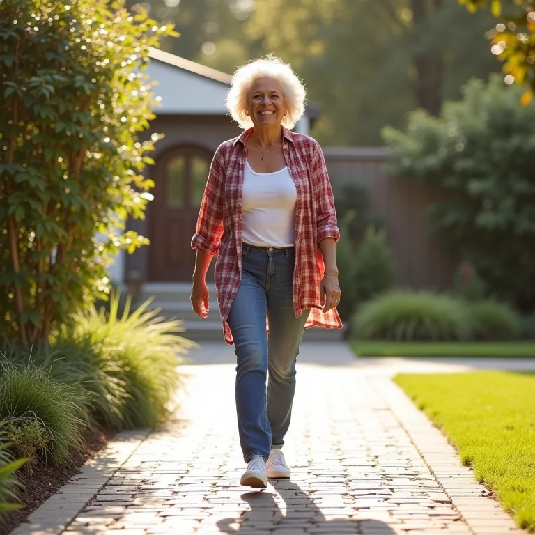 Mulher sorrindo caminhando em segurança sobre piso drenante.