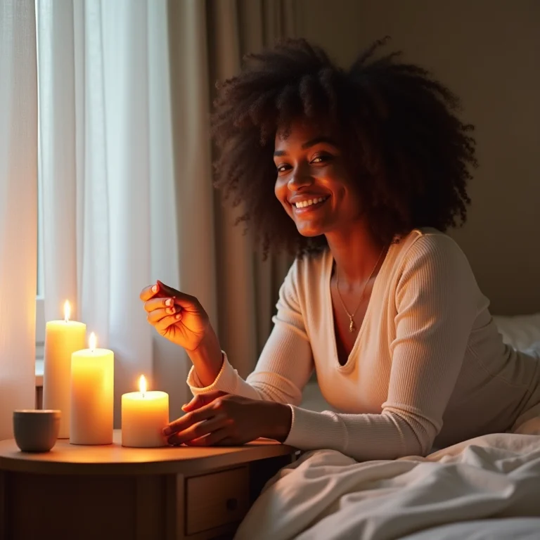 Mulher sorrindo colocando velas decorativas em quarto de casal