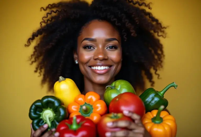 Mulher sorrindo com alimentos saudáveis, simbolizando a importância da alimentação no combate ao HIV.