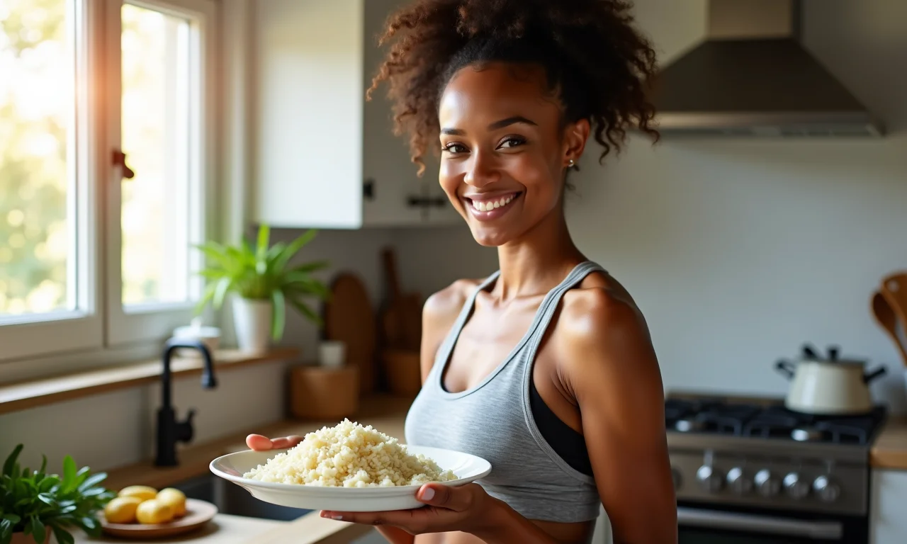 Mulher sorrindo com arroz de couve-flor na cozinha.