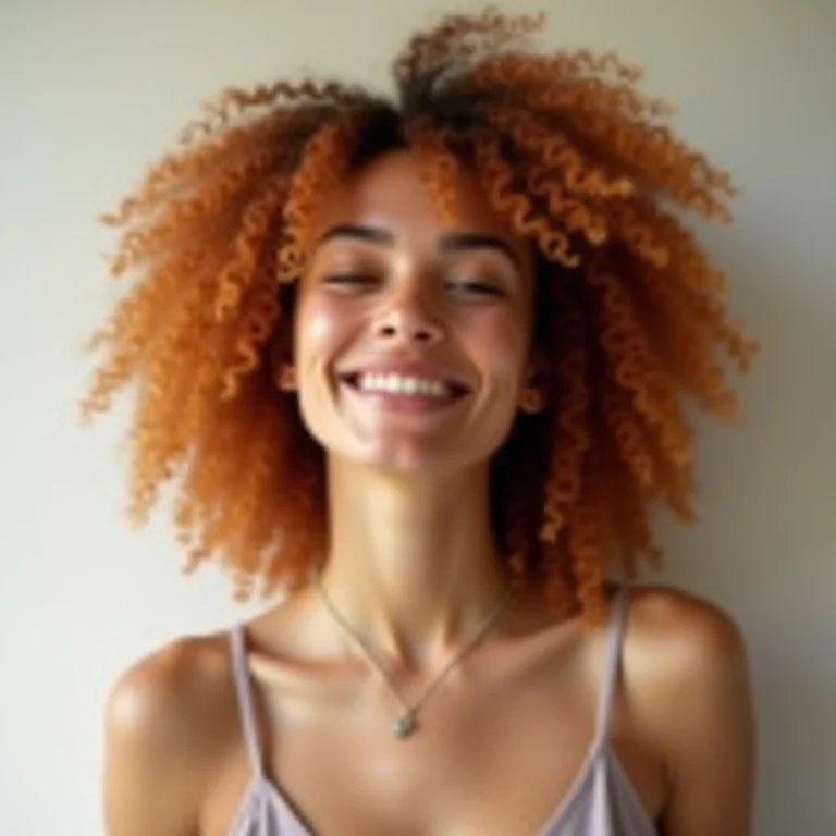 Mulher sorrindo com cabelo ruivo acobreado claro