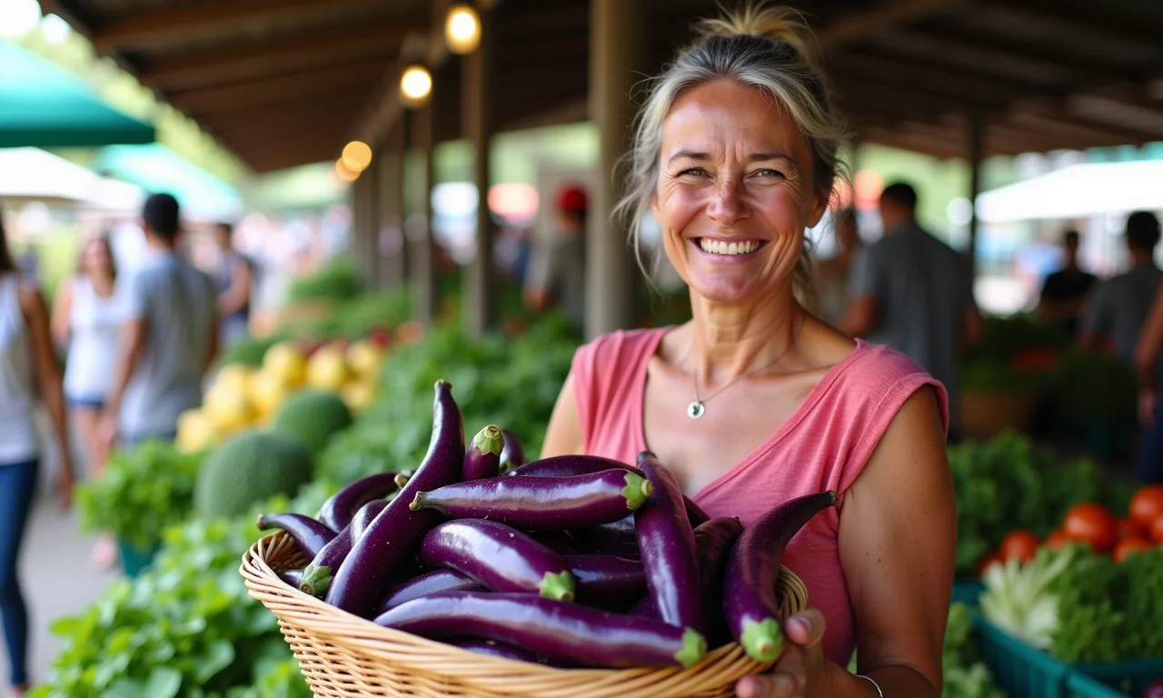 Mulher sorrindo com cesta de quiabo-roxo no mercado.