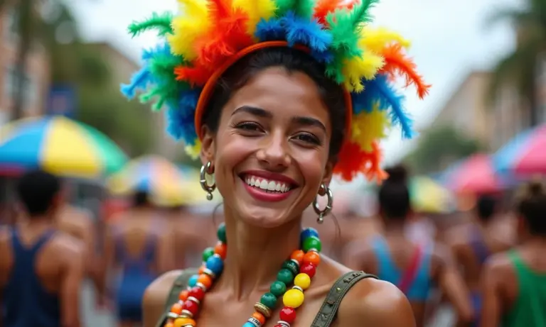 Mulher sorrindo com fantasia de carnaval improvisada em festa de rua.