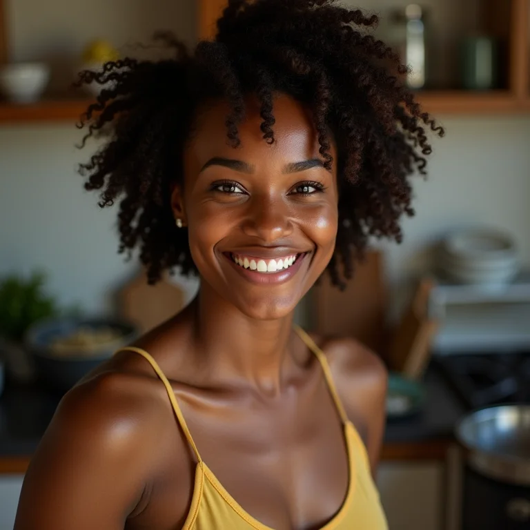 Mulher sorrindo cozinhando moqueca baiana