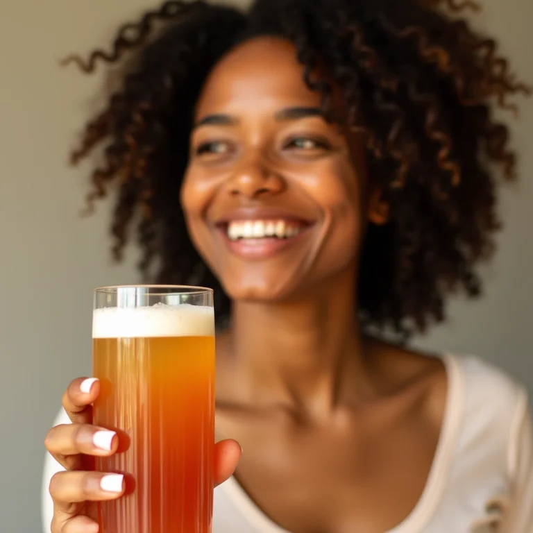 Mulher sorrindo e segurando um copo de kombucha, representando a saúde intestinal