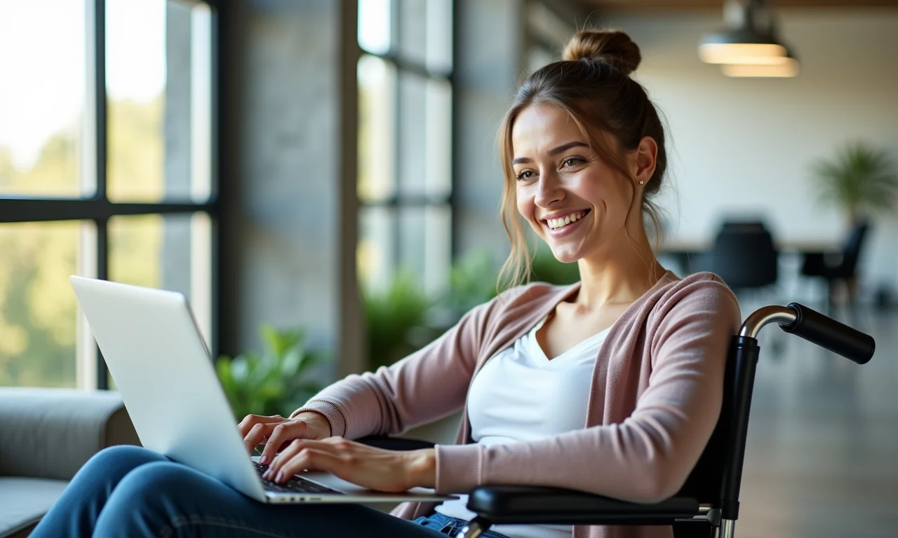 Mulher sorrindo em cadeira de rodas trabalhando no laptop.