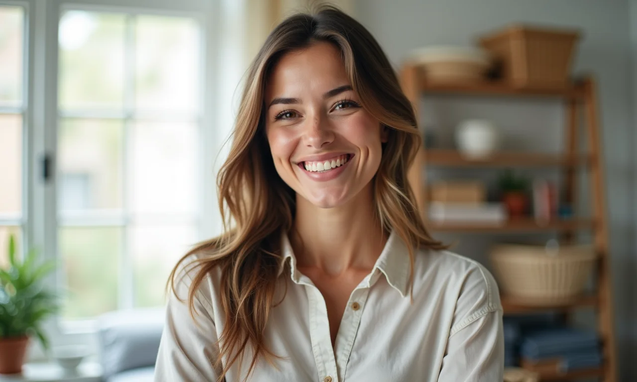 Mulher sorrindo em um ambiente organizado, transmitindo a leveza de ter menos coisas.