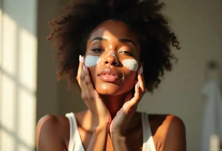 Mulher sorrindo enquanto aplica esfoliação caseira no rosto