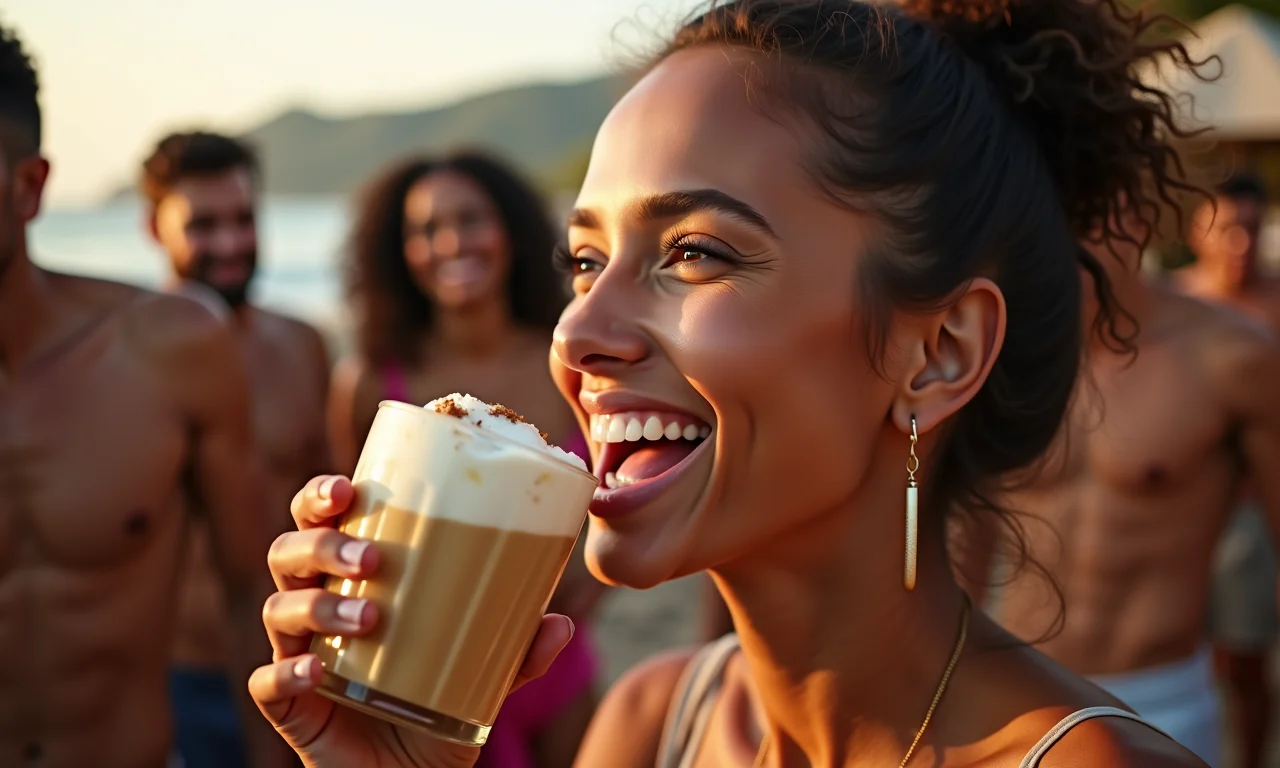 Mulher sorrindo enquanto come beijinho de coco.