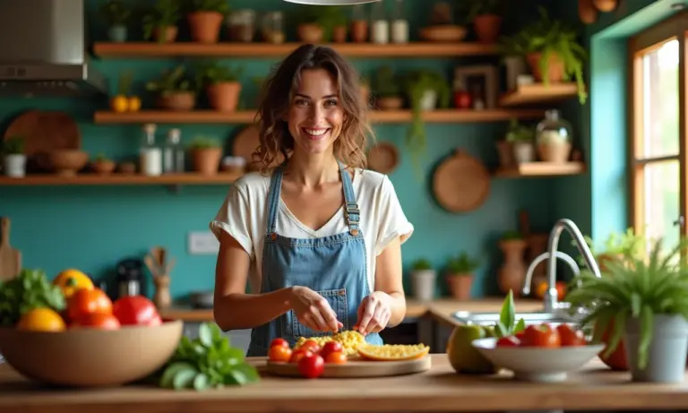 Mulher sorrindo enquanto cozinha em uma cozinha aconchegante e vibrante.