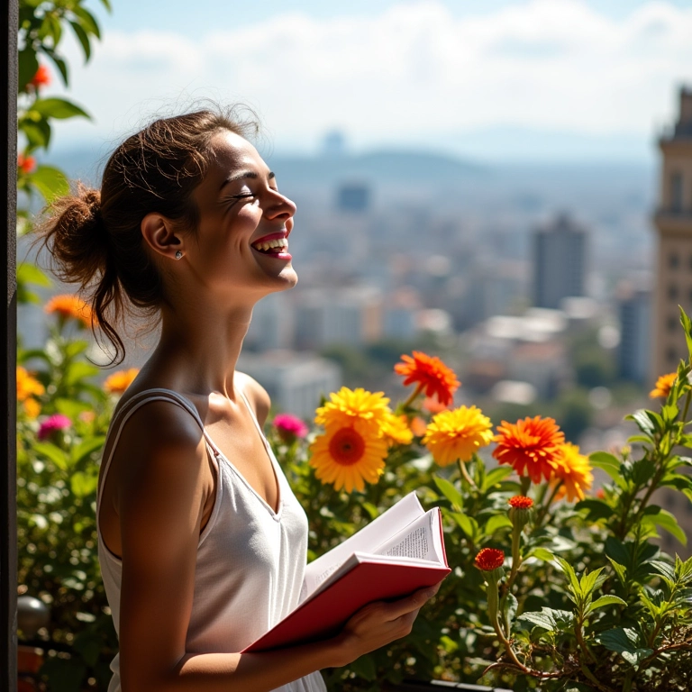 Mulher sorrindo enquanto escreve em diário em varanda florida com vista para a cidade.