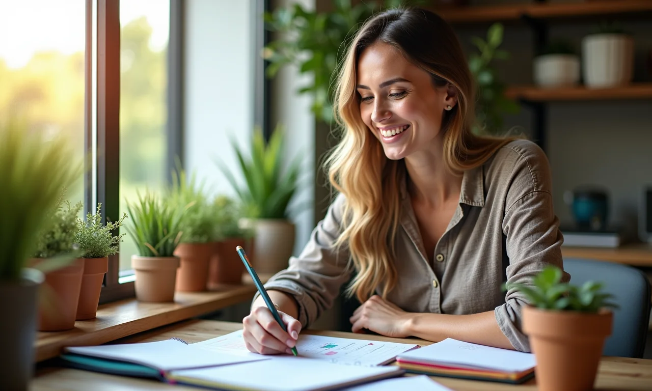 Como Fazer um Planejamento Diário que Funciona Mulher sorrindo enquanto planeja seu dia em um planner colorido.