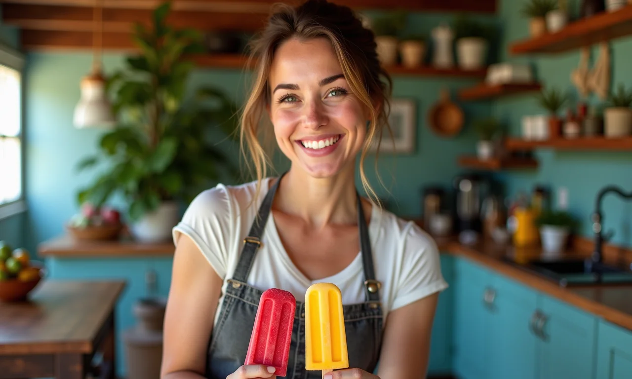 Mulher sorrindo enquanto prepara geladinhos gourmet em casa para vender.