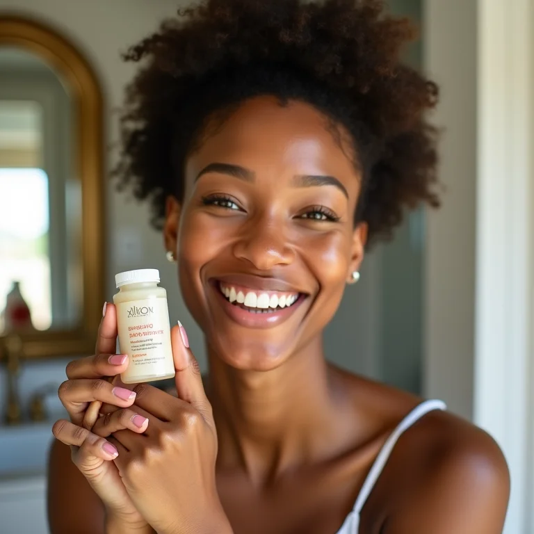 Mulher sorrindo enquanto segura esfoliantes faciais acessíveis